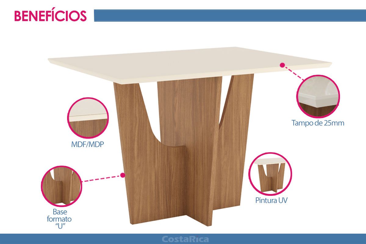 Mesa Jantar Vértice SC37 c/Tampo Madeirado Reto 120x80cm Henn
