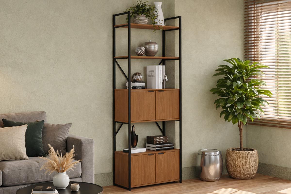Estante p/ Sala Industrial LI018 c/4 Portas 72cm KappesbergCanela/Preto