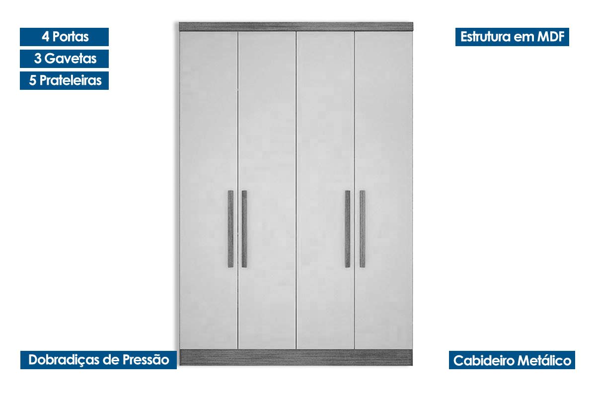 Modulado de Quarto Guarda Roupa c/4 Portas e 3 Gavetas Rizon/Linea N. Horizonte