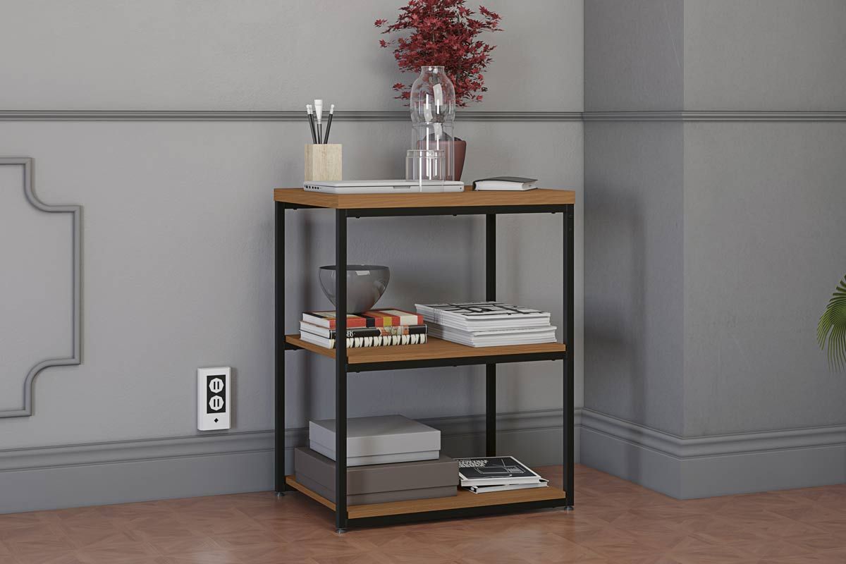 Mesa Lateral p/ Sala Industrial LI004 c/3 Prateleiras KappesbergCanela/Preto Mesa Lateral p/ Sala Industrial LI004 c/3 Prateleiras KappesbergCanela/Preto