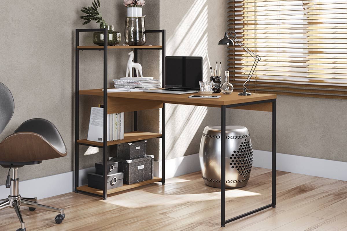Mesa de Escritório Industrial LI010 c/3 Prateleiras KappesbergCanela/Preto Mesa de Escritório Industrial LI010 c/3 Prateleiras KappesbergCanela/Preto