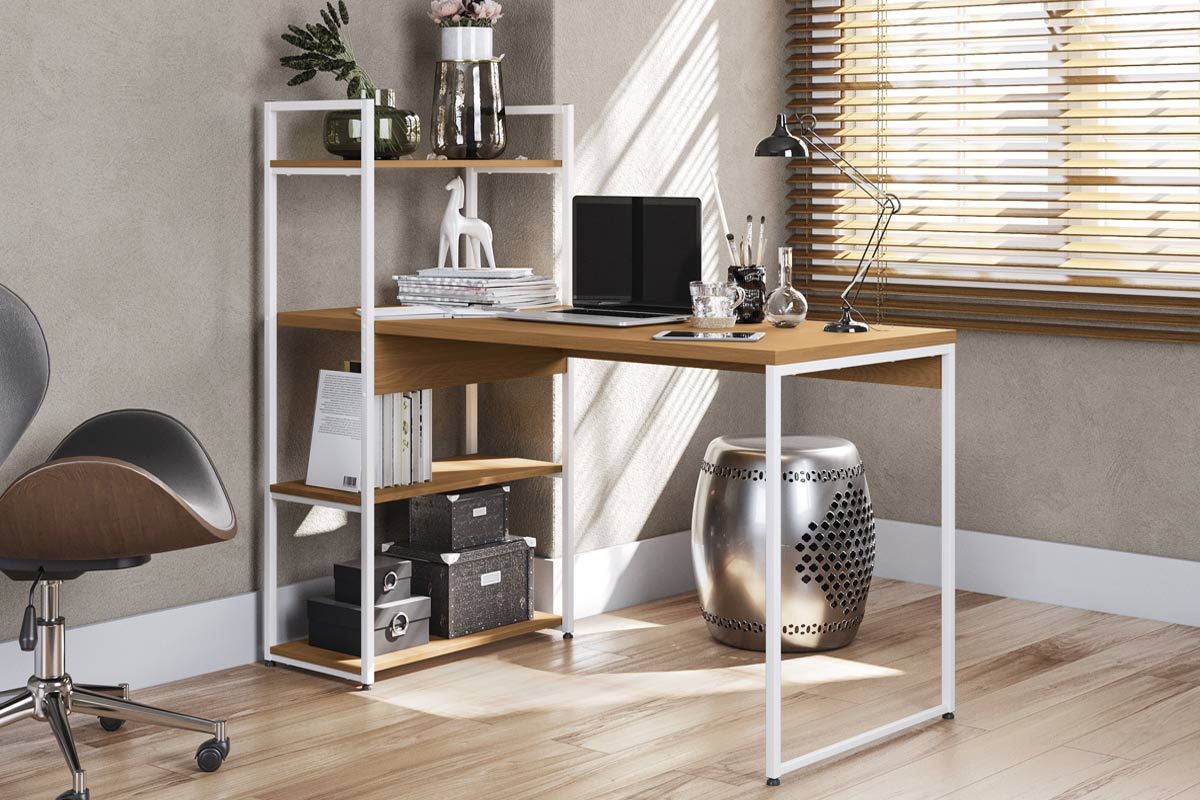 Mesa de Escritório Industrial LI010 c/3 Prateleiras KappesbergCanela/Branco Mesa de Escritório Industrial LI010 c/3 Prateleiras KappesbergCanela/Branco