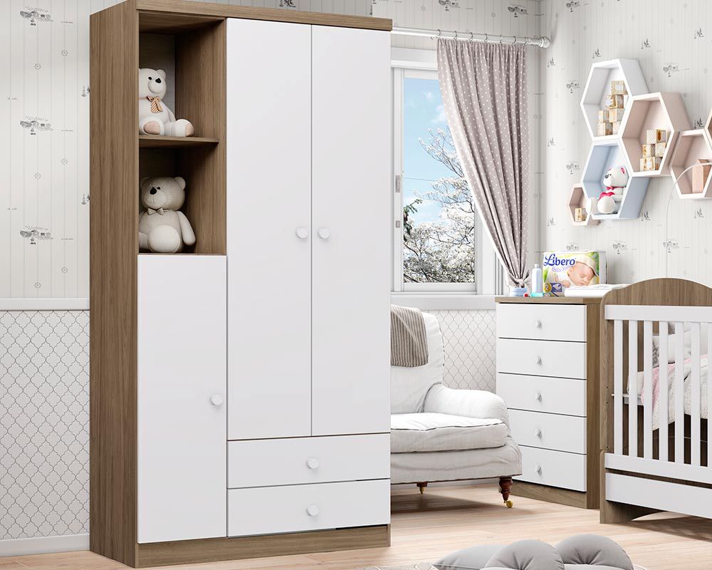 Guarda Roupa Infantil Bala de Menta c/3 Portas e 2 Gavetas HennRústico/Branco