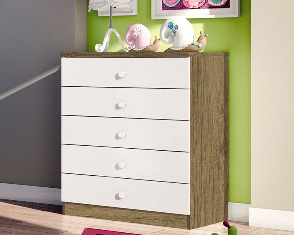 Cômoda Infantil Bala de Menta c/5 Gavetas - HennRústico/Branco Cômoda Infantil Bala de Menta c/5 Gavetas - HennRústico/Branco
