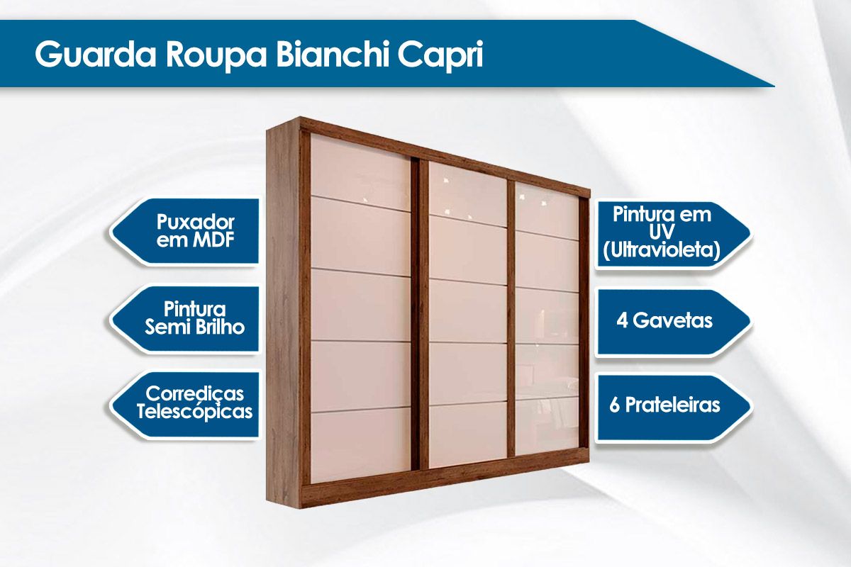 Guarda Roupa Casal 3 Portas de Correr e 4 Gavetas Capri Bianchi Guarda Roupa Casal 3 Portas de Correr e 4 Gavetas Capri Bianchi