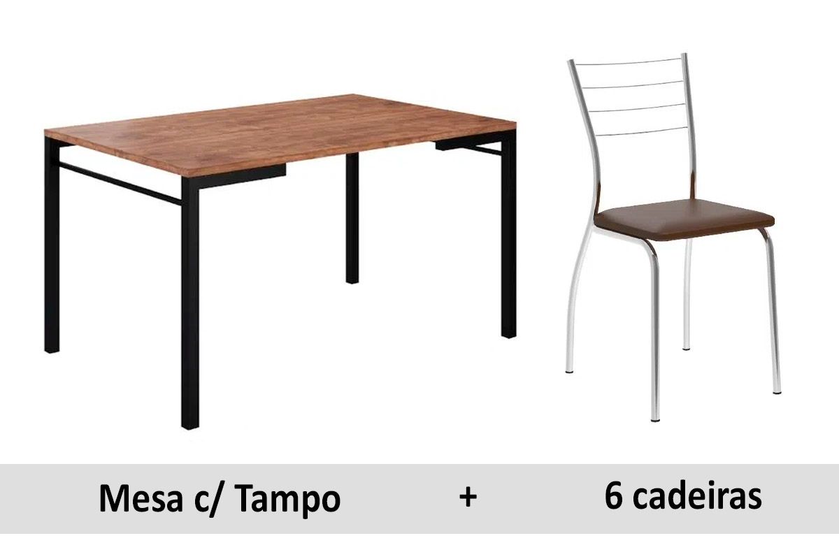 Sala de Jantar Completa 1526 Tampo Madeirado 136x90cm e 6 Cadeiras Aço 1700 - Carraro