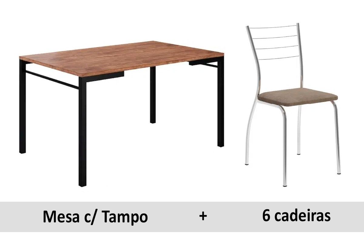 Sala de Jantar Completa 1526 Tampo Madeirado 136x90cm e 6 Cadeiras Aço 1700 - Carraro