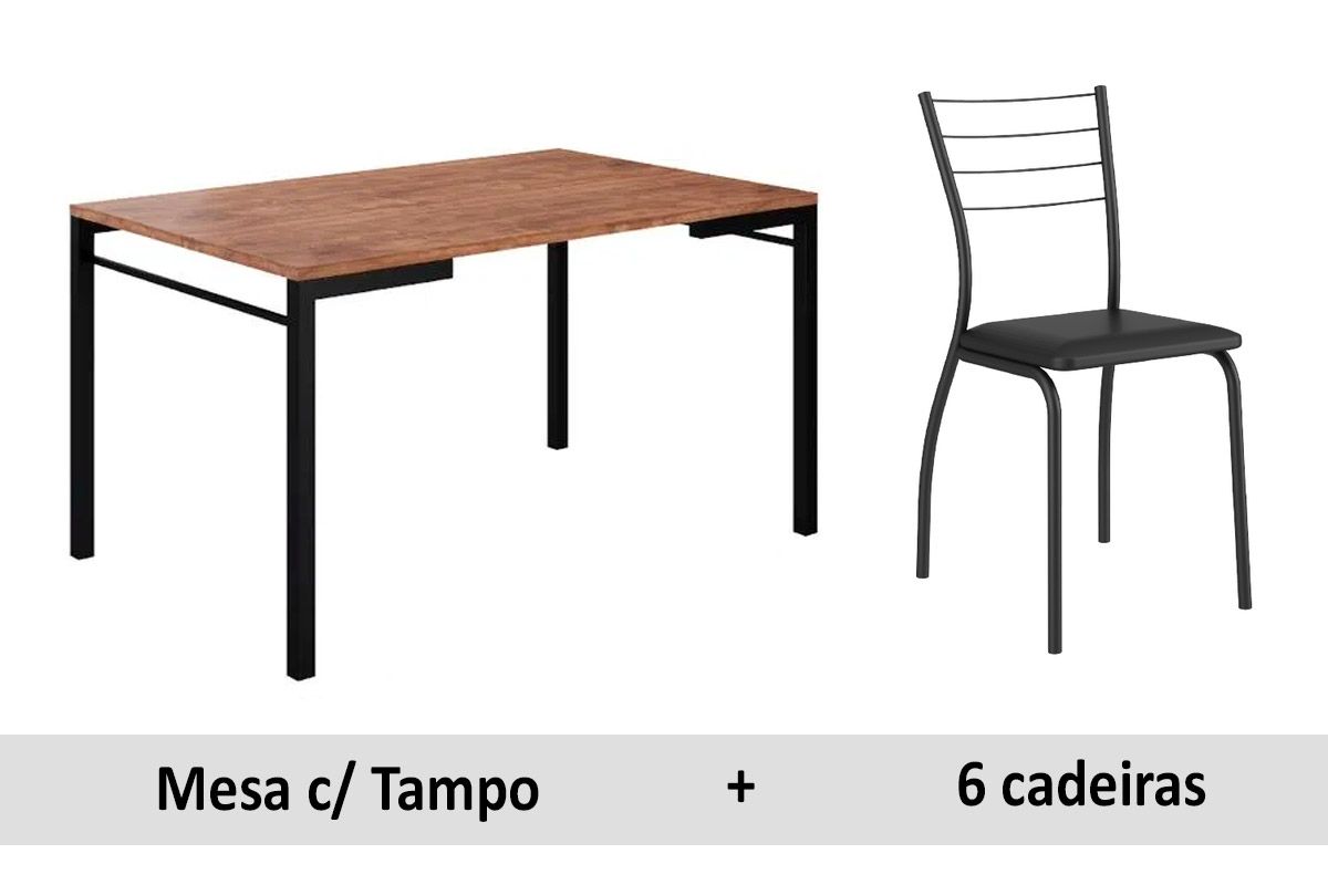 Sala de Jantar Completa 1526 Tampo Madeirado 136x90cm e 6 Cadeiras Aço 1700 - Carraro