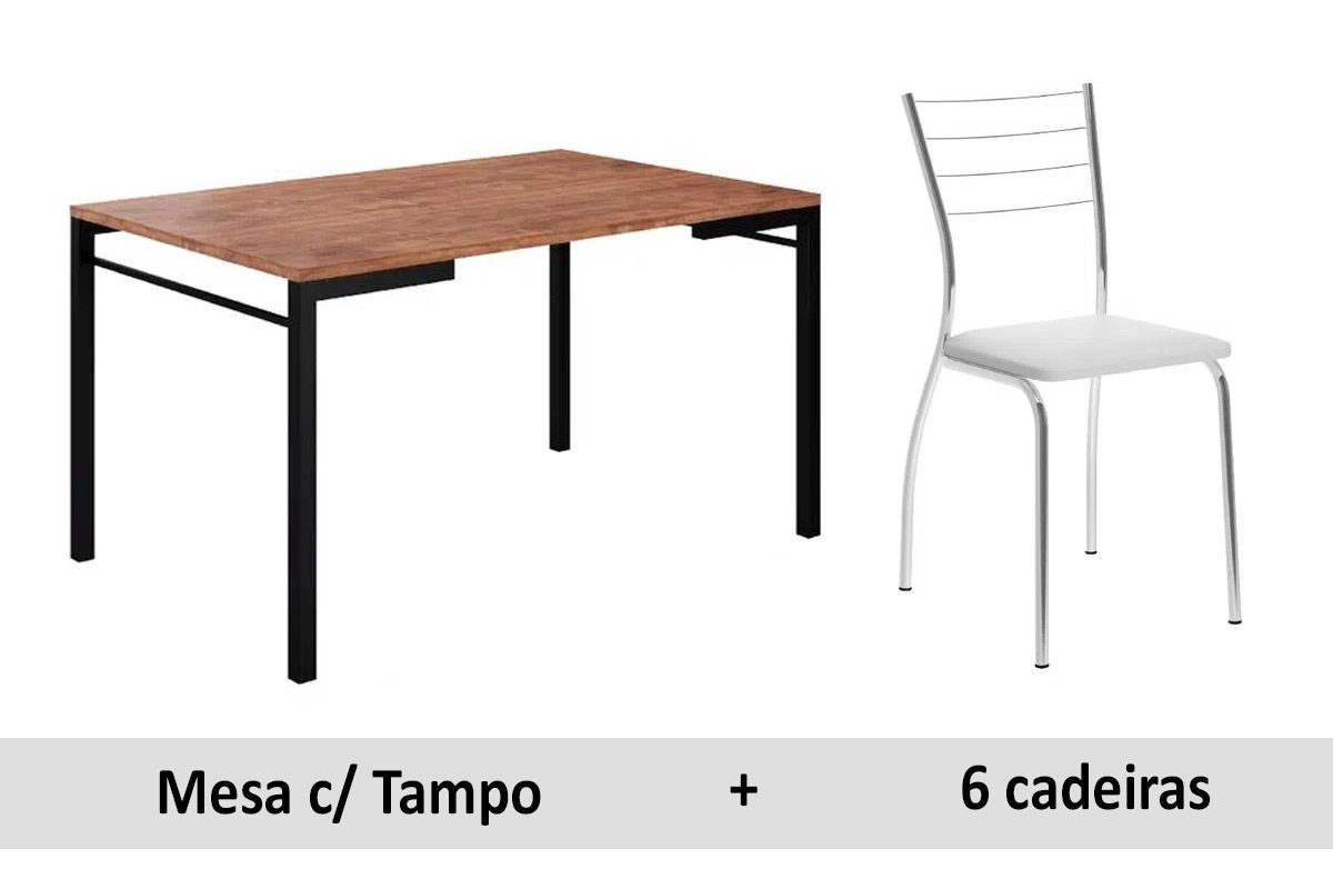Sala de Jantar Completa 1526 Aço c/ Tampo Madeirado 136x90cm e 6 Cadeiras 1700 - Carraro