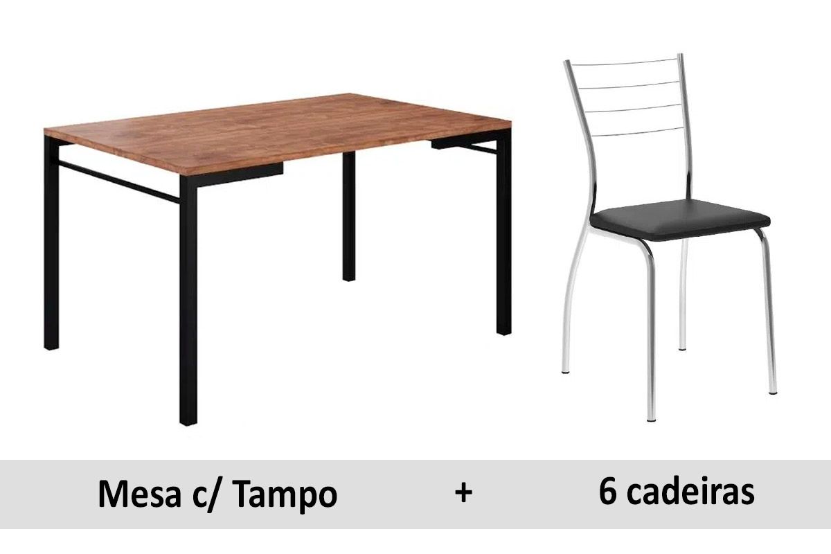 Sala de Jantar Completa 1526 Aço c/ Tampo Madeirado 136x90cm e 6 Cadeiras 1700 - Carraro
