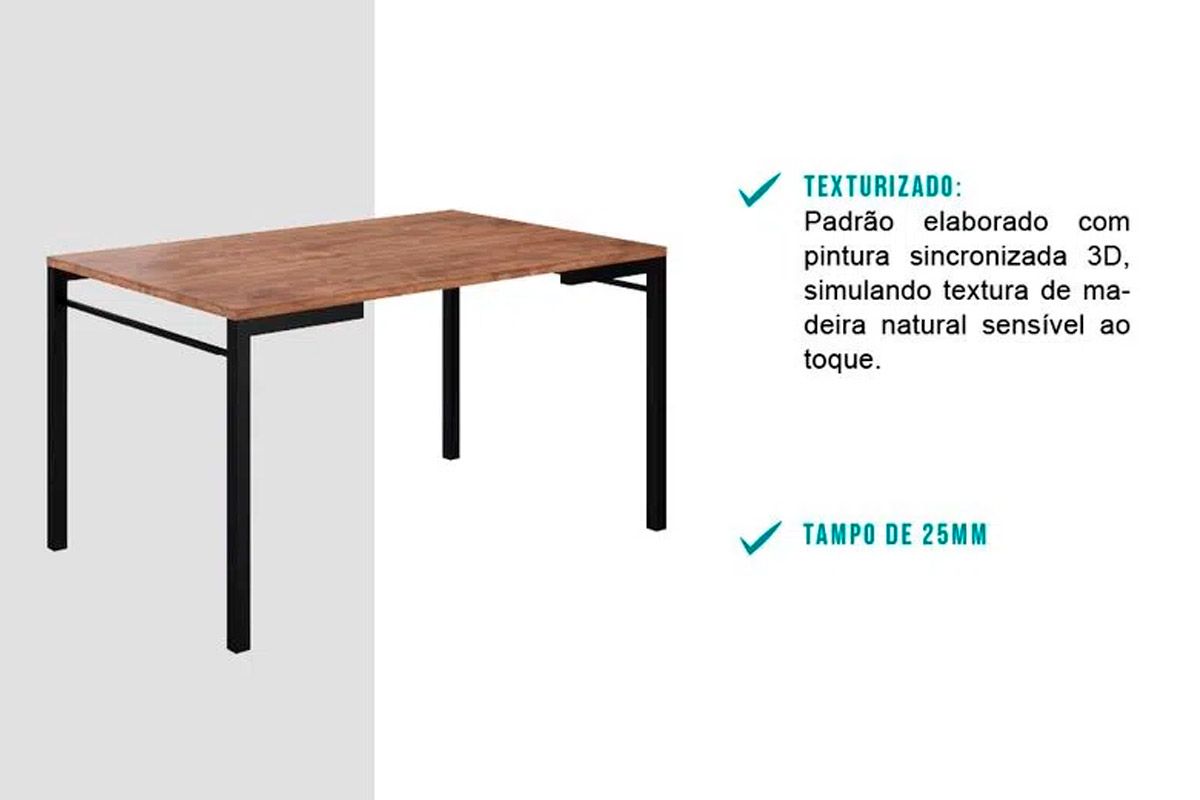 Sala de Jantar Completa 1526 Aço c/ Tampo Madeirado 136x90cm e 6 Cadeiras 1700 - Carraro