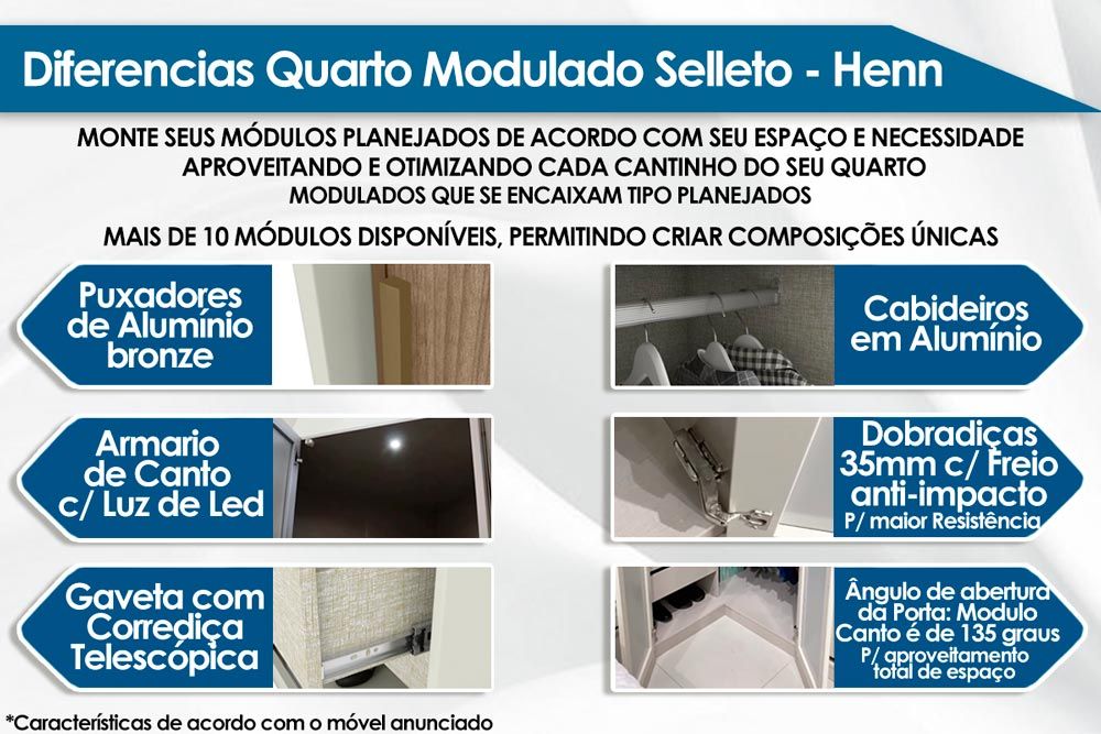 Modulado de Quarto Seletto 5 Peças (1 Ponte + 1 Closet + 1 G Roupa + 2 Complementos) QMH05 - Henn
