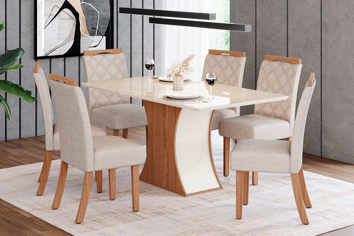 Sala de Jantar Completa Luiza Tampo Madeirado c/ Vidro 160x90cm e 6 Cadeiras Bella - Henn