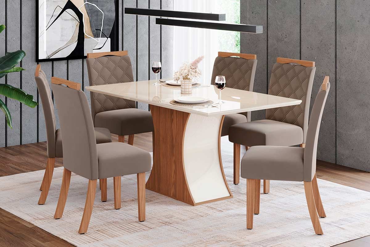 Sala de Jantar Completa Luiza Tampo Madeirado c/ Vidro 160x90cm e 6 Cadeiras Bella - Henn