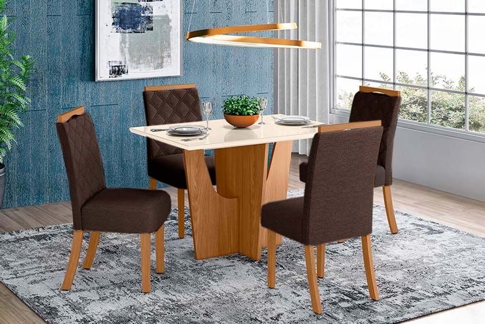 Sala de Jantar Completa Vértice Tampo Madeirado c/ Vidro Canto Reto 120x80cm e 4 Cadeiras Bella - Henn