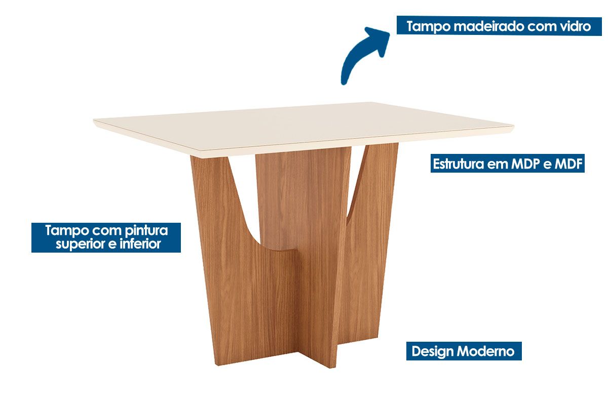Sala de Jantar Completa Vértice Tampo Madeirado c/ Vidro Canto Reto 120x80cm e 4 Cadeiras Bella - Henn
