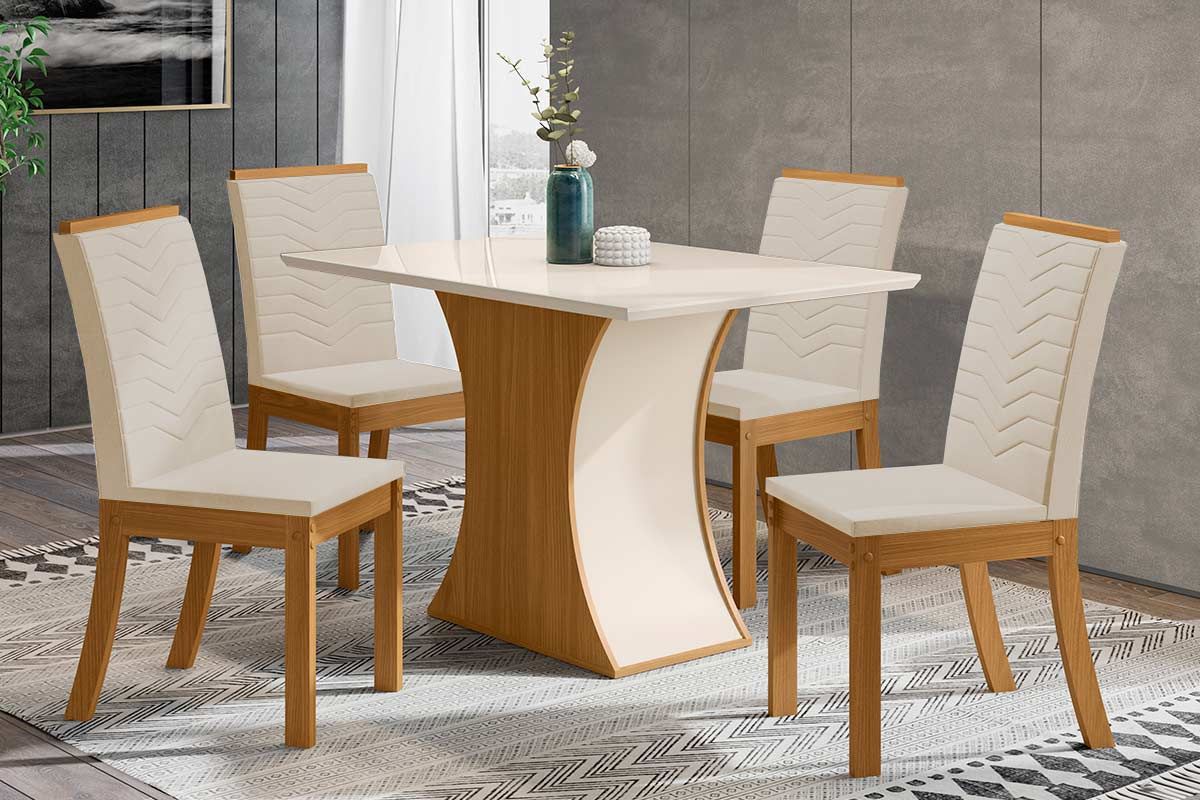 Sala de Jantar Completa Mesa Luiza Tampo Madeirado c/ Vidro Reto 120x80cm e 4 Cadeiras Isa - Henn