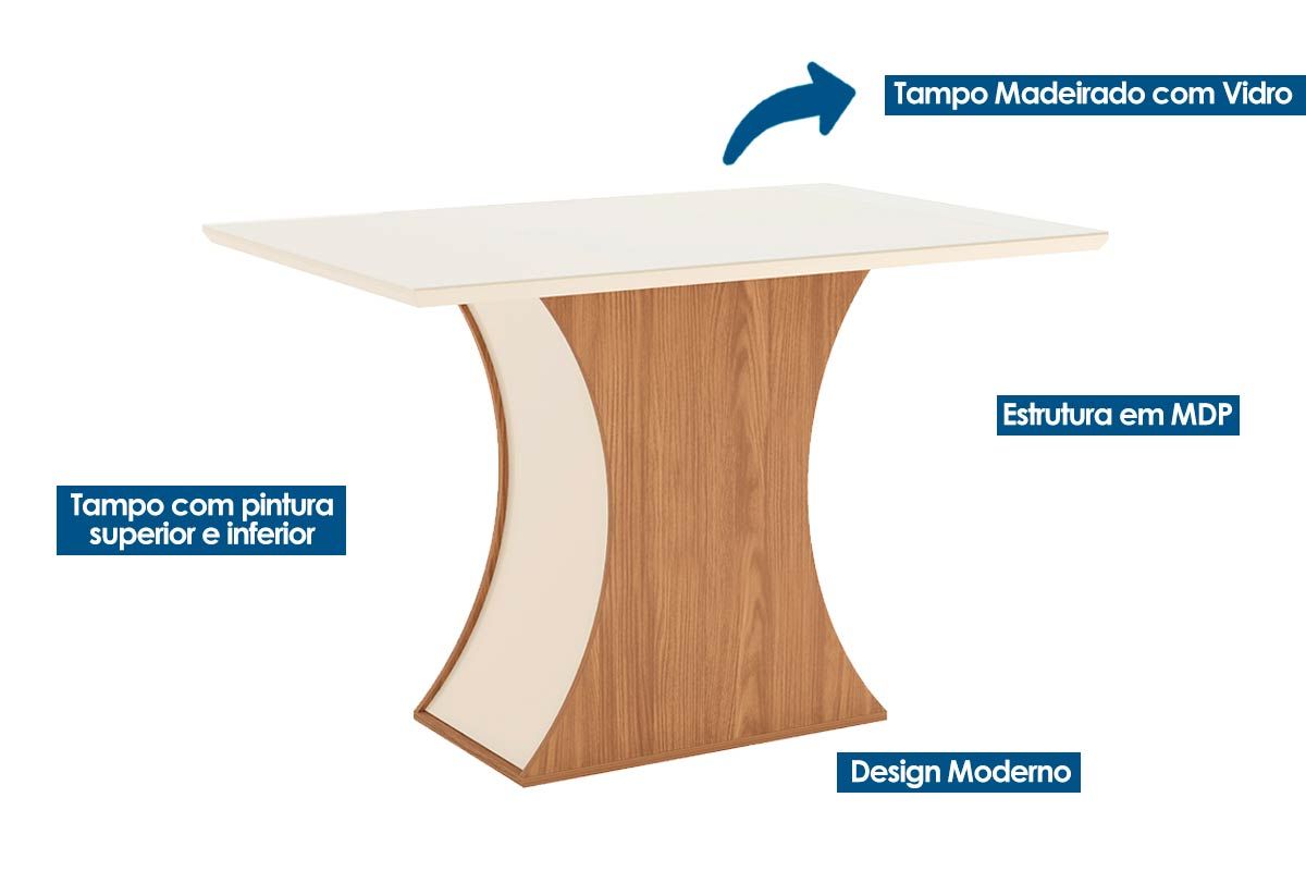 Sala de Jantar Completa Mesa Luiza Tampo Madeirado c/ Vidro Reto 120x80cm e 4 Cadeiras Isa - Henn