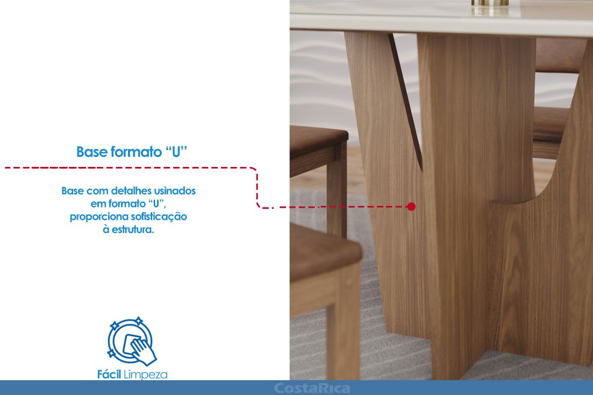 Sala de Jantar Completa Vértice Tampo Madeirado c/ Vidro Canto Reto 120x80cm e 4 Cadeiras Isa - Henn