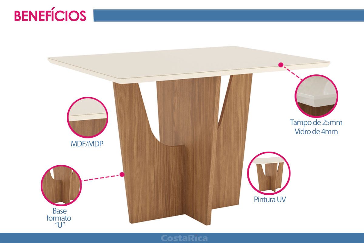 Sala de Jantar Completa Vértice Tampo Madeirado c/ Vidro Canto Reto 120x80cm e 4 Cadeiras Isa - Henn