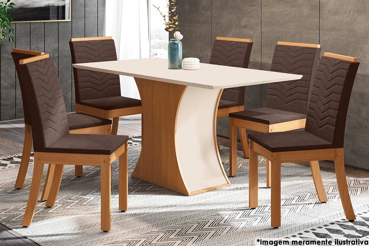 Sala de Jantar Completa Luiza Tampo Madeirado c/ Vidro 160x90cm e 6 Cadeiras Isa - Henn