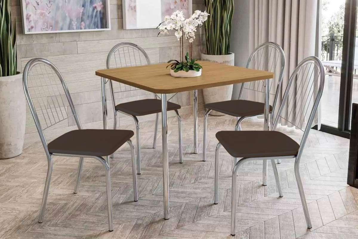 Sala de Jantar Completa Sena Aço c/ Tampo Madeirado 90x90cm e 4 Cadeiras Noruega - Kappesberg