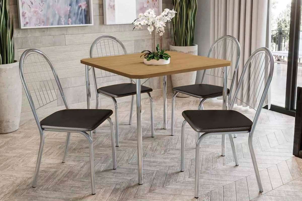 Sala de Jantar Completa Sena Aço c/ Tampo Madeirado 90x90cm e 4 Cadeiras Noruega - Kappesberg