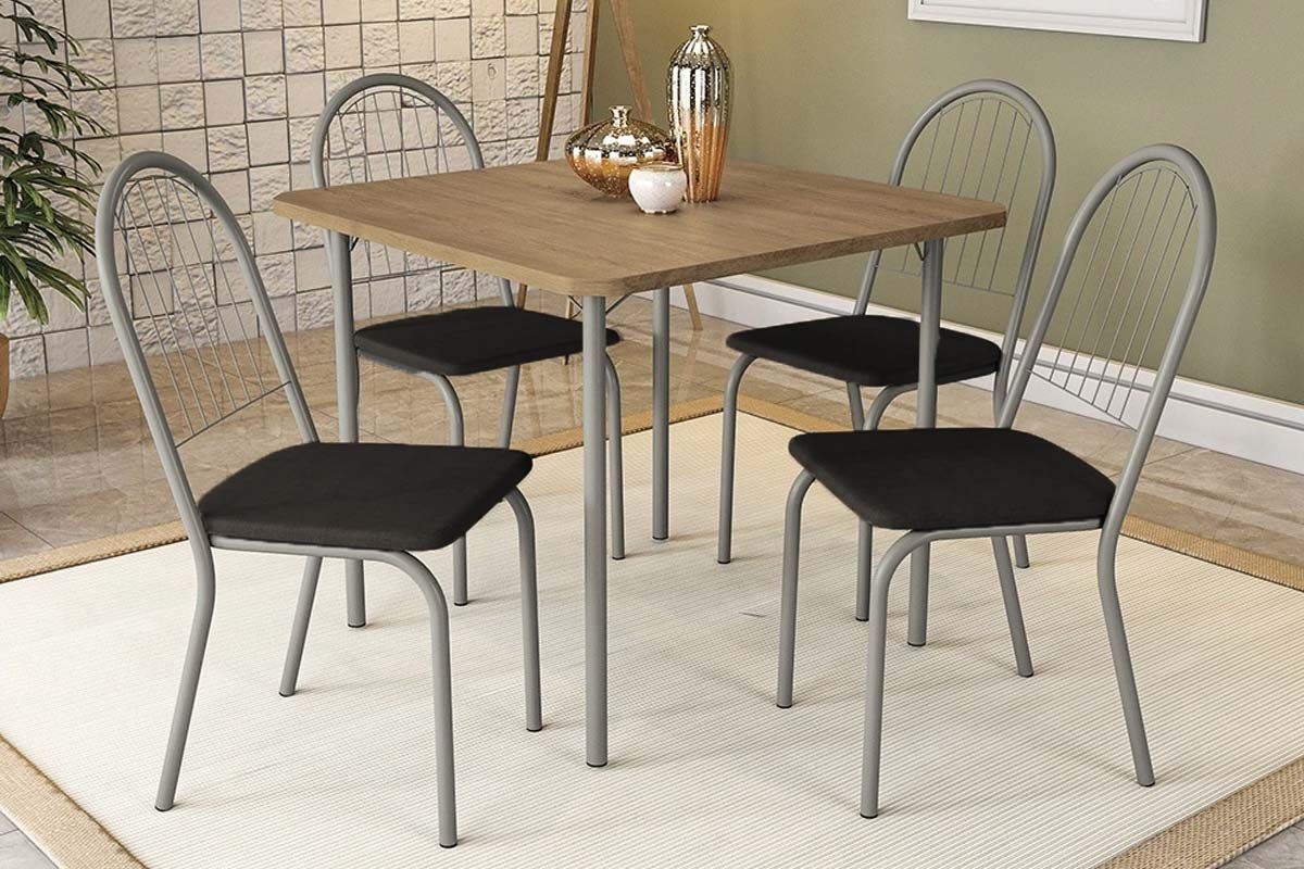 Sala Jantar Mesa Sena c/ Tampo Madeirado 90x90cm e 4 Cadeiras Noruega - Kappesberg