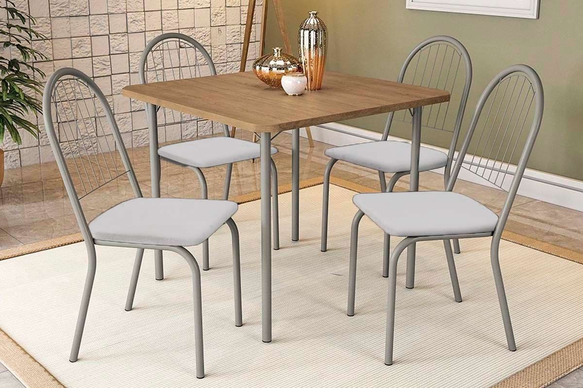 Sala Jantar Mesa Sena c/ Tampo Madeirado 90x90cm e 4 Cadeiras Noruega - Kappesberg