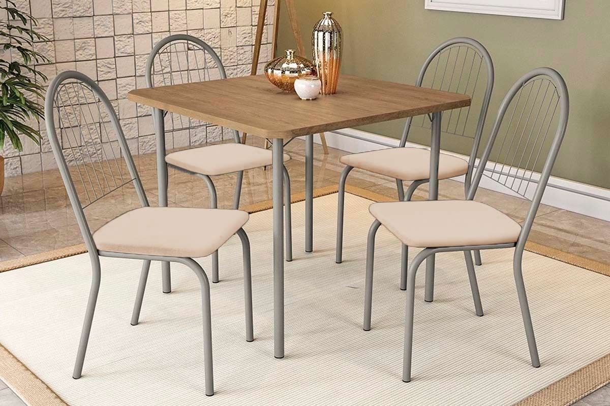 Sala Jantar Mesa Sena c/ Tampo Madeirado 90x90cm e 4 Cadeiras Noruega - Kappesberg