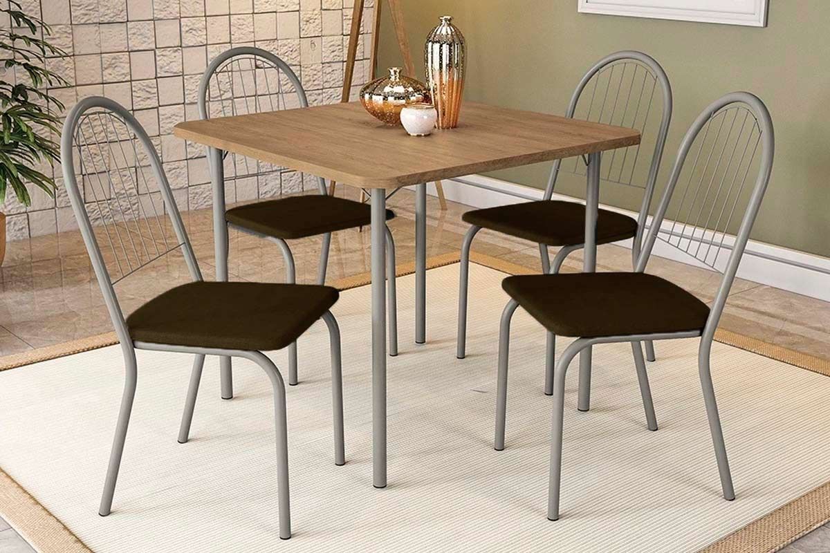 Sala Jantar Mesa Sena c/ Tampo Madeirado 90x90cm e 4 Cadeiras Noruega - Kappesberg