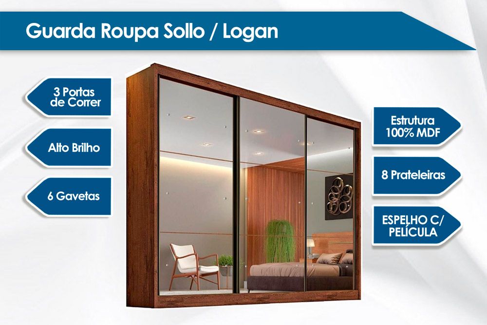 Guarda Roupa Casal 3 Portas de Correr c/Espelho e 6 Gavetas Atlanta/Passion N. Horizonte Guarda Roupa Casal 3 Portas de Correr c/Espelho e 6 Gavetas Atlanta/Passion N. Horizonte