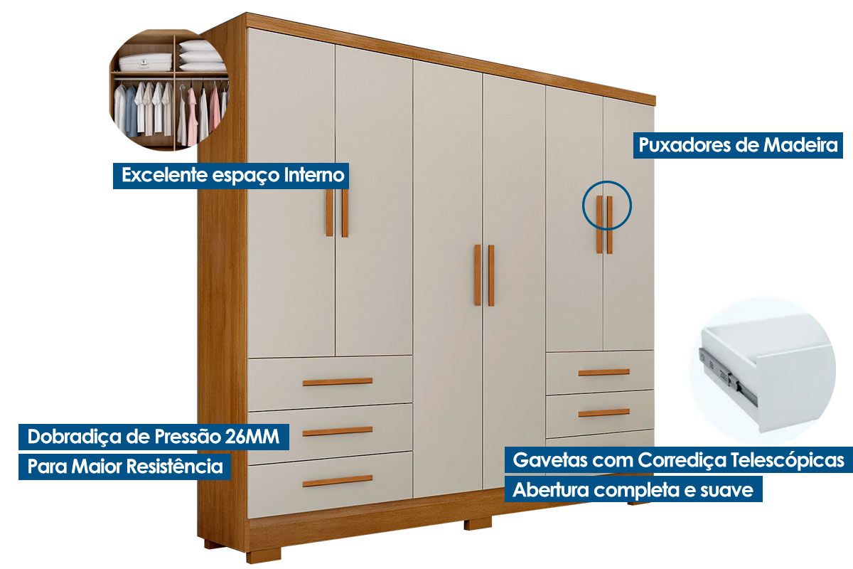 Guarda Roupa Solteiro 6 Portas 6Gavs e Pés Encant N. Horizonte Guarda Roupa Solteiro 6 Portas 6Gavs e Pés Encant N. Horizonte