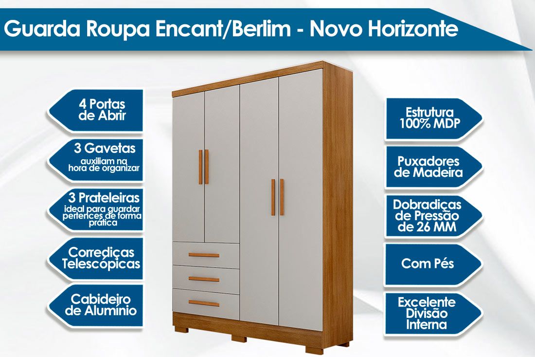 Guarda Roupa Solteiro 4 Portas 3Gavs e Pés Encant N. Horizonte Guarda Roupa Solteiro 4 Portas 3Gavs e Pés Encant N. Horizonte