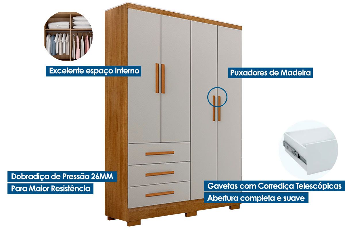 Guarda Roupa Solteiro 4 Portas 3Gavs e Pés Encant N. Horizonte Guarda Roupa Solteiro 4 Portas 3Gavs e Pés Encant N. Horizonte