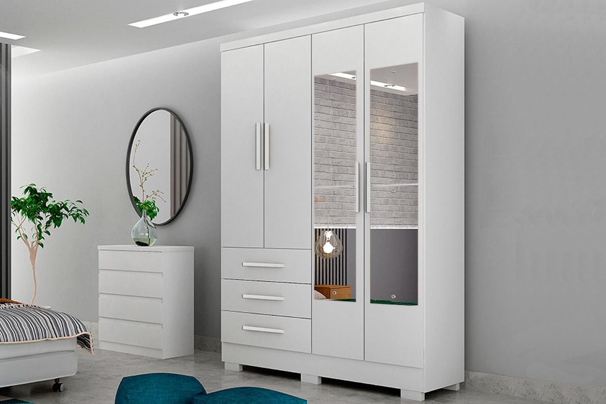 Guarda Roupa Solteiro 4 Portas c/Esp 3Gavs e Pés Encant N. HorizonteBranco