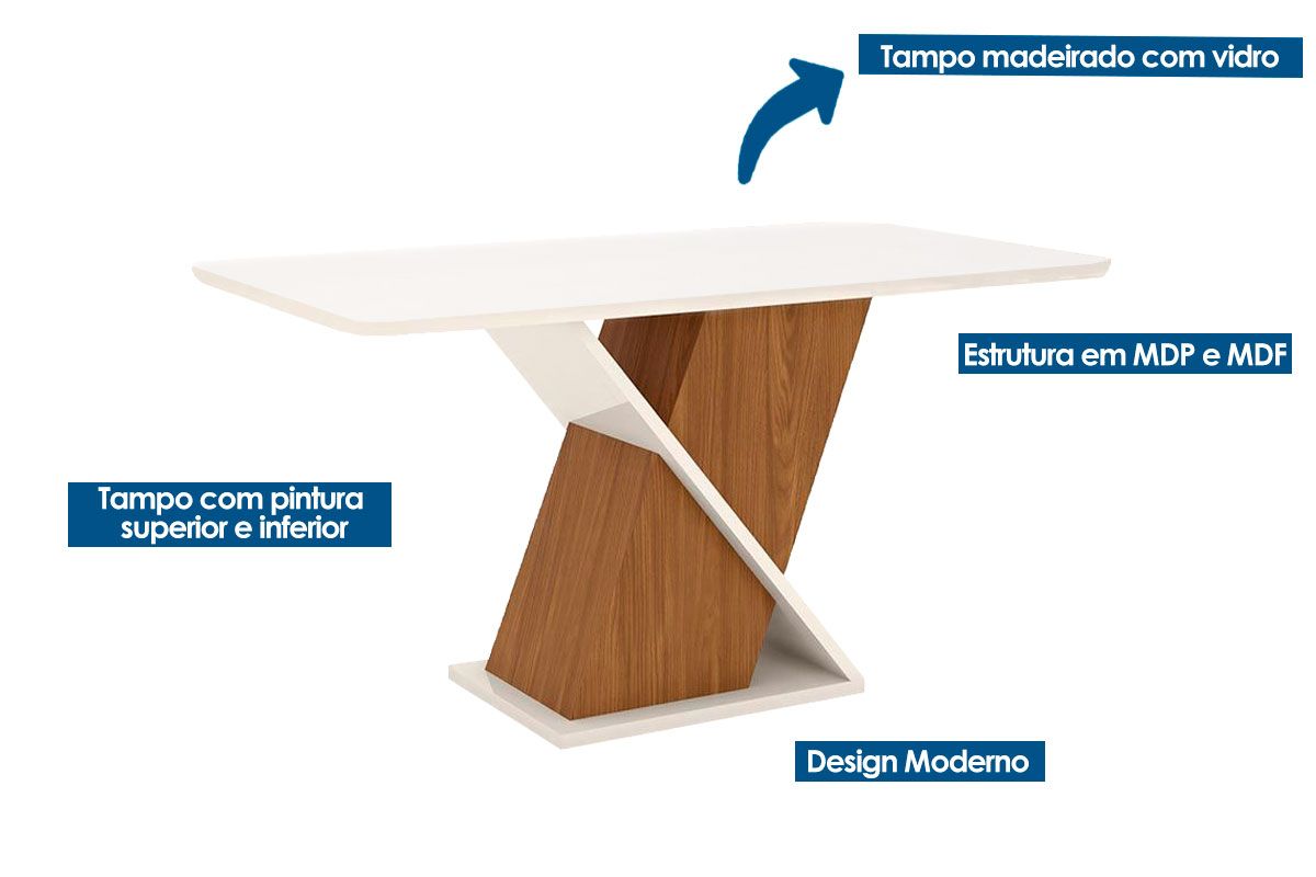 Sala de Jantar Completa Solus Tampo Madeirado c/ Vidro Curvo 160x90cm e 6 Cadeiras Tauá - Henn