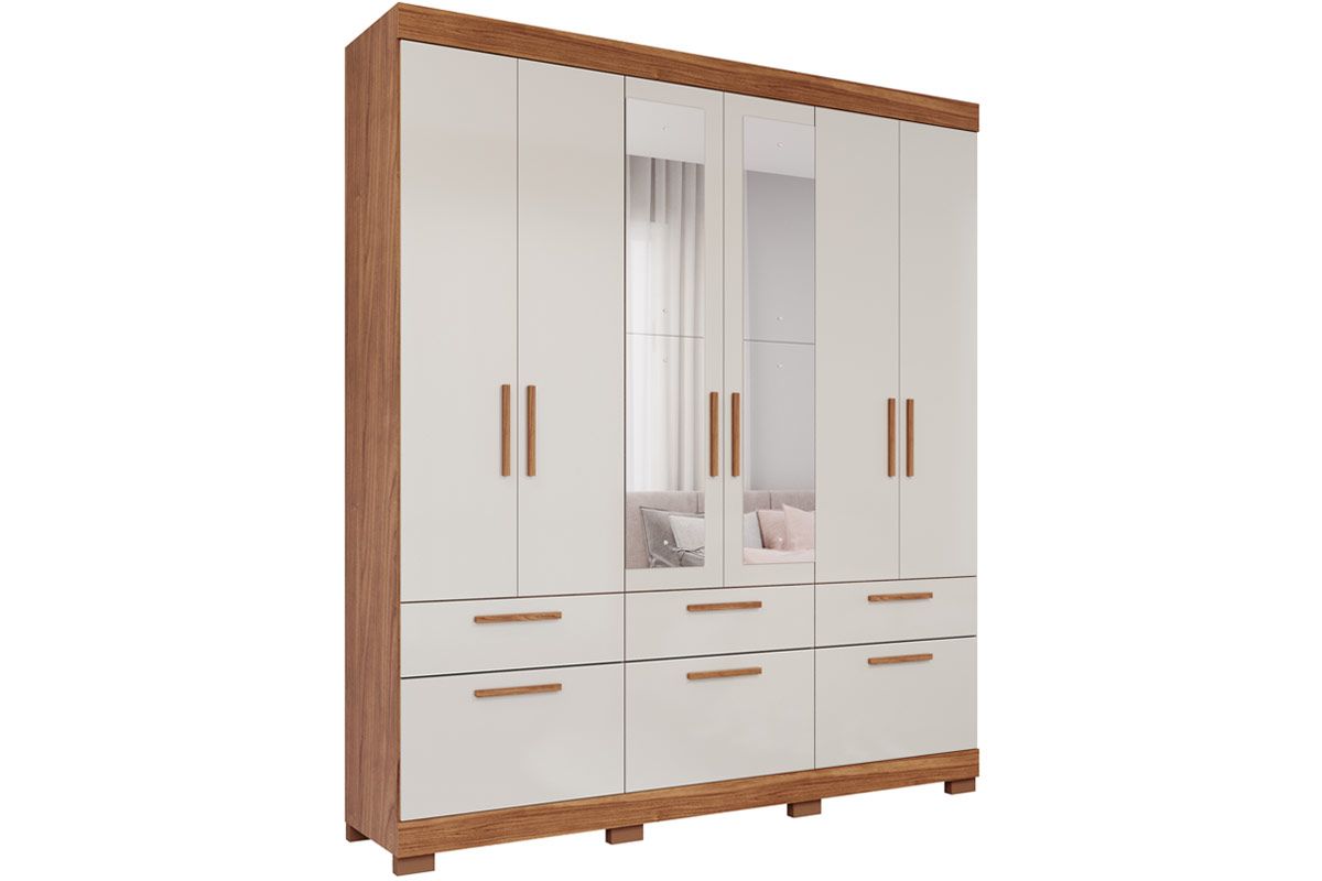Guarda Roupa Casal 6 Portas (2 c/Espelho) e 5 Gavetas Porto PananCinamomo/Off White
