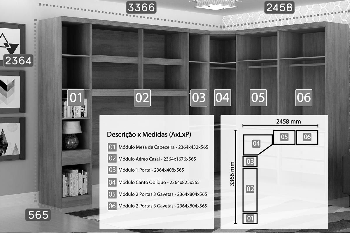 Modulado de Quarto Rizon 6 Peças (1 Armário Ponte + 1 Closet + 3 Guarda Roupas + 1 Complemento) QC213 Novo Horizonte