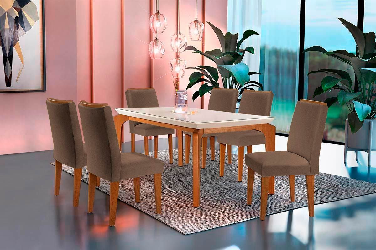 Sala Jantar Mesa Londrina Tampo Madeirado c/ Vidro 180x90cm e 6 Cadeiras Lunara - Rufato