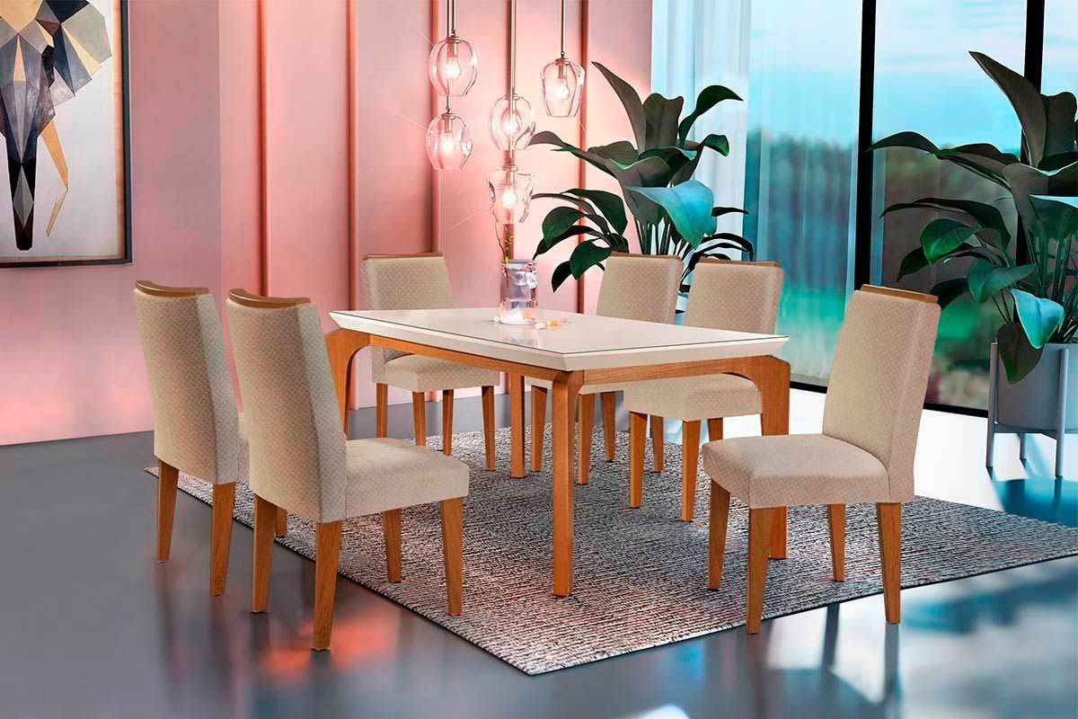 Sala Jantar Mesa Londrina Tampo Madeirado c/ Vidro 180x90cm e 6 Cadeiras Lunara - Rufato