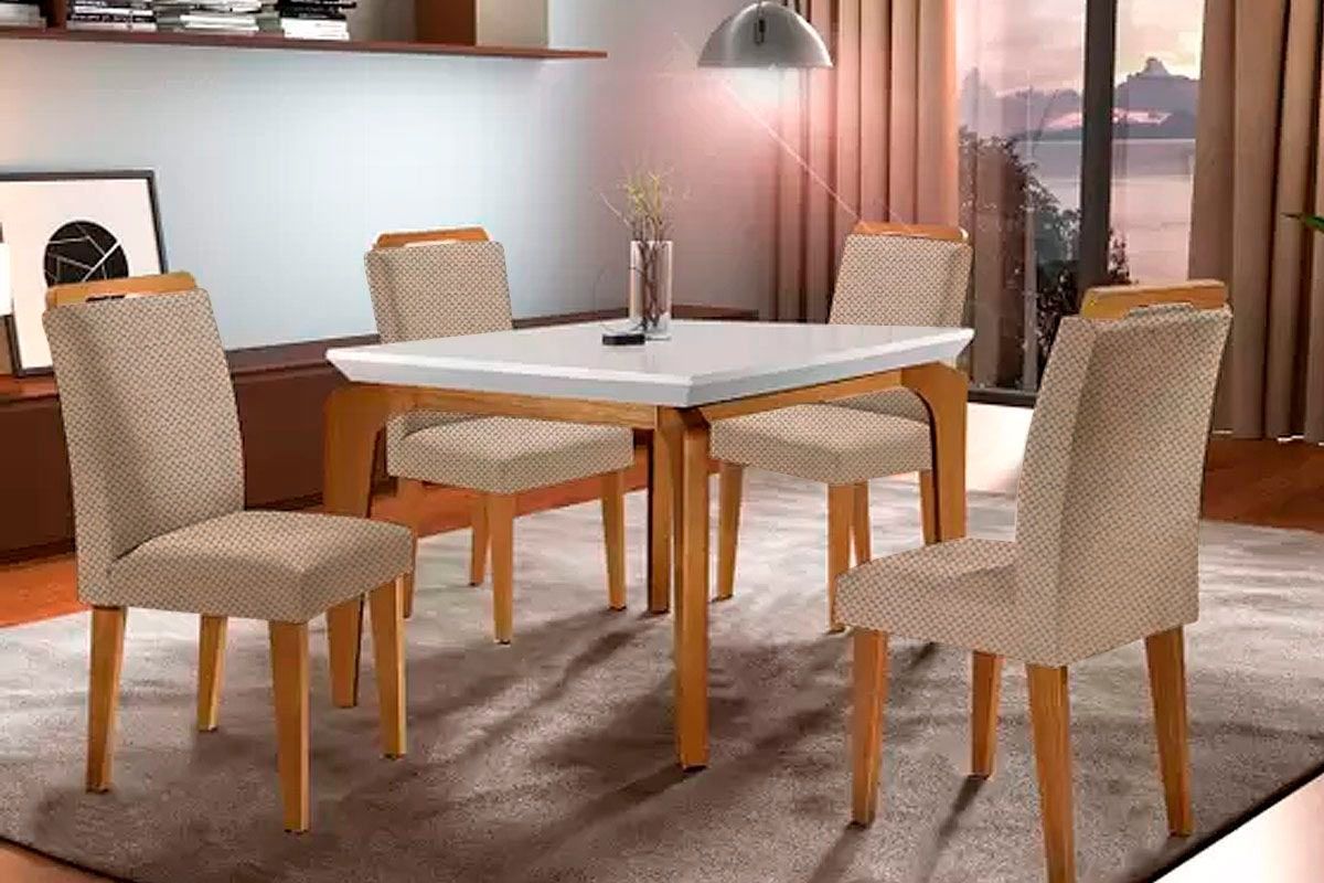 Sala Jantar Mesa Londrina Tampo Madeirado c/ Vidro 120x80cm e 4 Cadeiras Athenas - Rufato