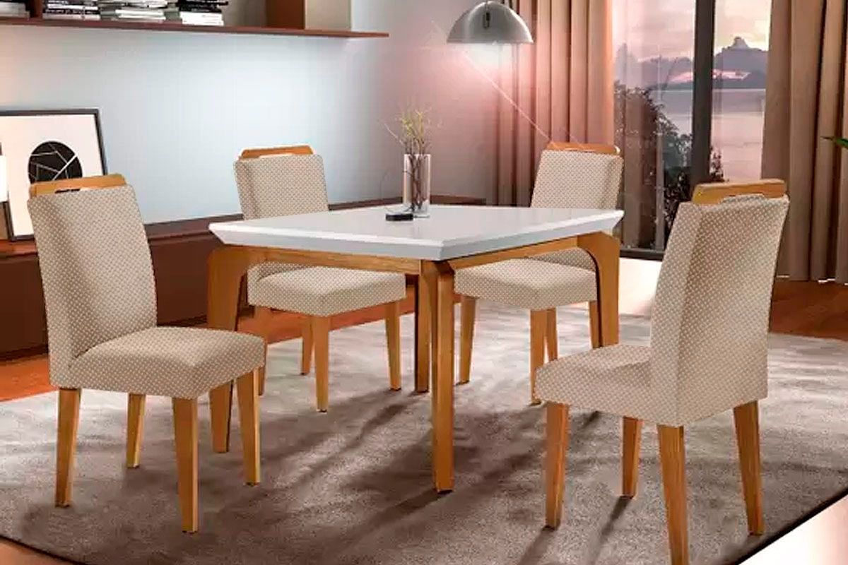Sala Jantar Mesa Londrina Tampo Madeirado c/ Vidro 120x80cm e 4 Cadeiras Athenas - Rufato