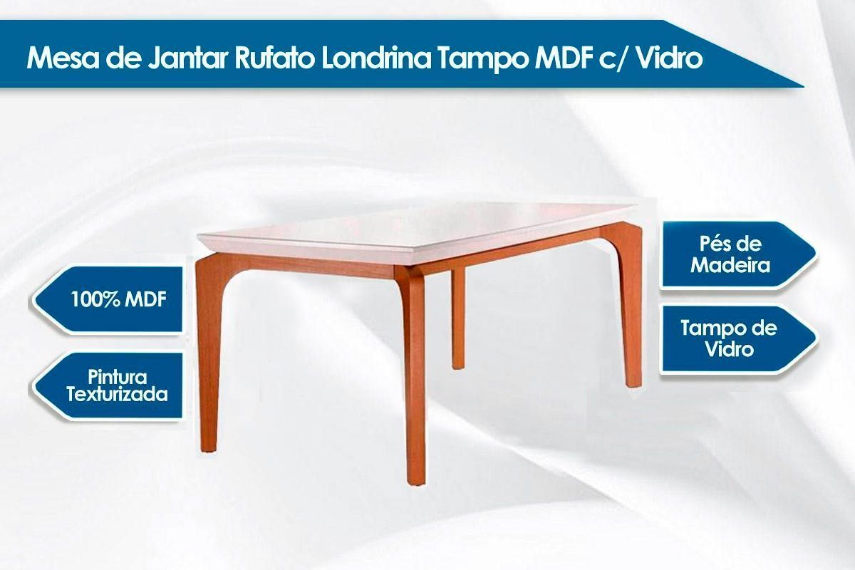 Sala Jantar Mesa Londrina Tampo Madeirado c/ Vidro 120x80cm e 4 Cadeiras Londrina - Rufato