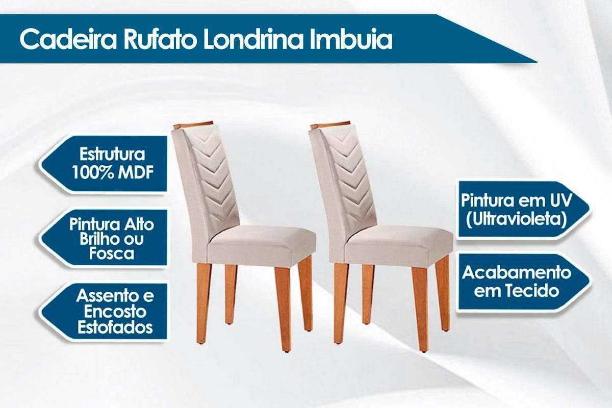 Sala Jantar Mesa Londrina Tampo Madeirado c/ Vidro 120x80cm e 4 Cadeiras Londrina - Rufato