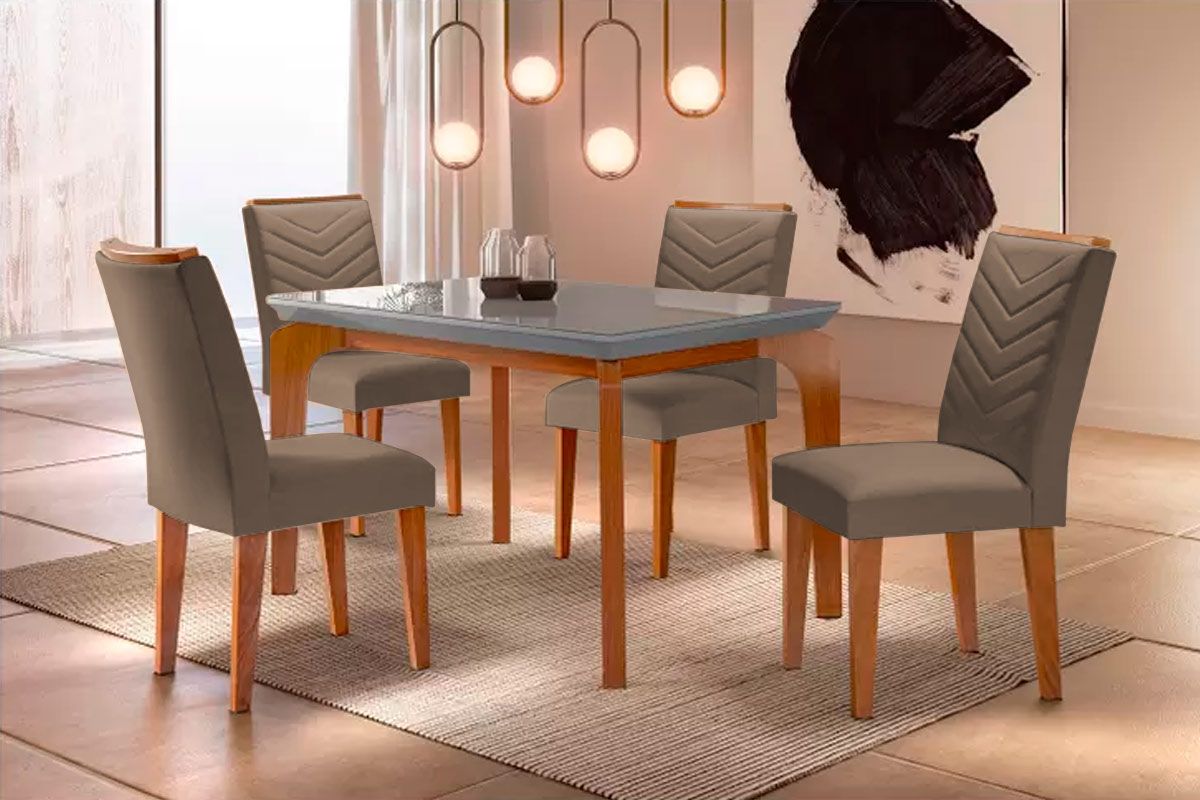 Sala Jantar Mesa Londrina Tampo Madeirado c/ Vidro 120x80cm e 4 Cadeiras Londrina - Rufato