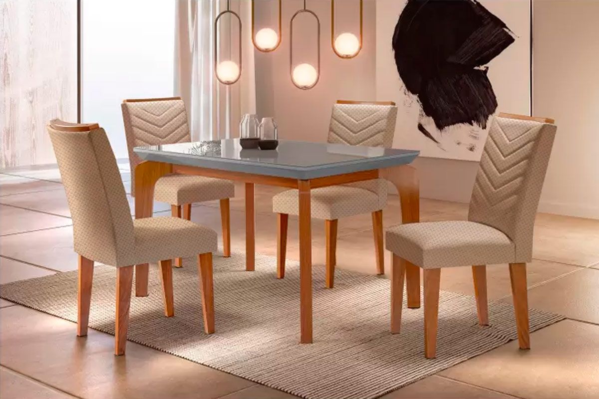 Sala Jantar Mesa Londrina Tampo Madeirado c/ Vidro 120x80cm e 4 Cadeiras Londrina - Rufato