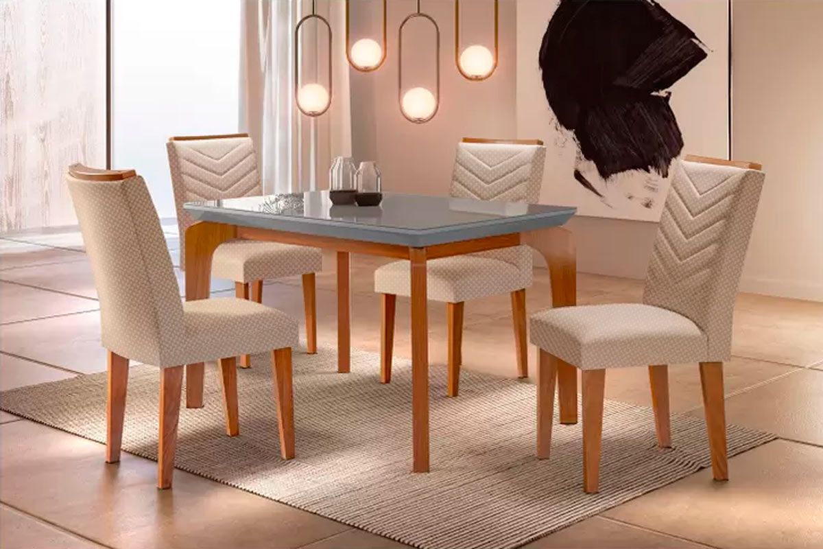 Sala Jantar Mesa Londrina Tampo Madeirado c/ Vidro 120x80cm e 4 Cadeiras Londrina - Rufato