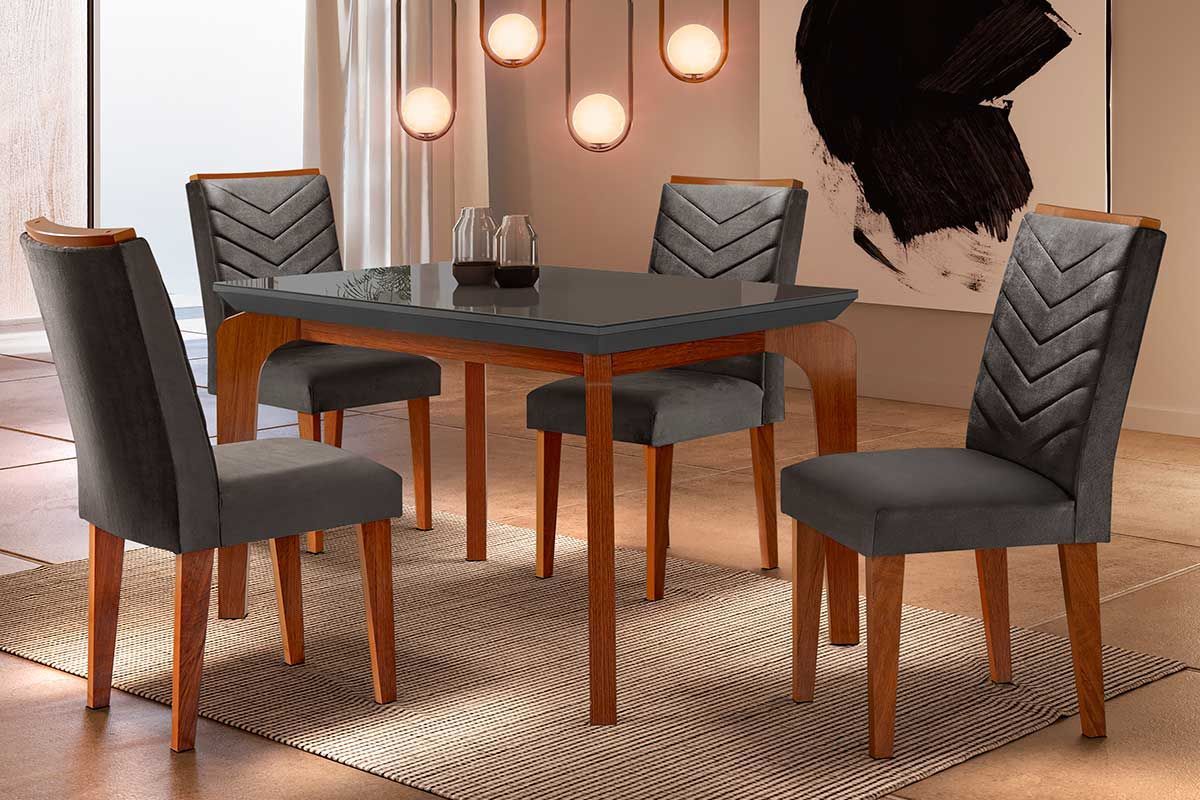 Sala Jantar Mesa Londrina Tampo Madeirado c/ Vidro 120x80cm e 4 Cadeiras Londrina - Rufato