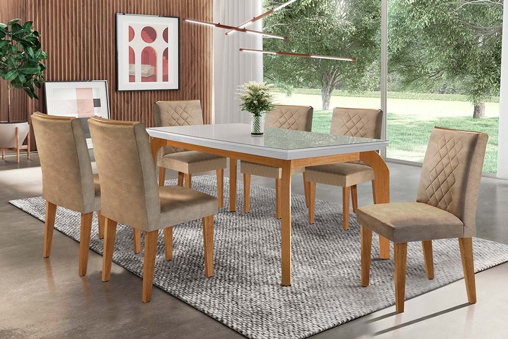 Sala Jantar Mesa Londrina Tampo Madeirado c/ Vidro 180x90cm e 6 Cadeiras Jade - Rufato
